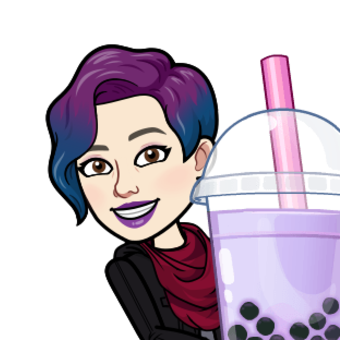 Christa Dickson's Bitmoji, which has purple and blue hair and is holding a glass of purple bubble tea