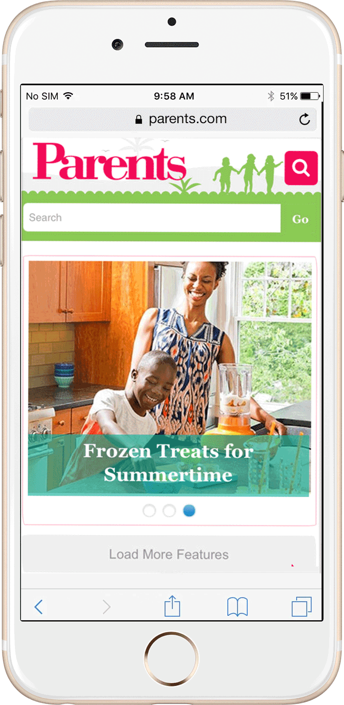 An iPhone displaying the 2012 Parents.com responsive redesign